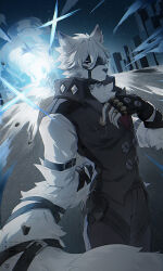 Rule 34 | 1boy, 606 haochuangshangren, absurdres, animal ears, black pants, black vest, city, commentary, explosion, eyepatch, fingerless gloves, furry, furry male, gloves, highres, male focus, mixed-language commentary, night, night sky, one eye covered, pants, red eyes, shirt, sky, star (sky), tail, vest, von lycaon, white shirt, wolf boy, wolf ears, wolf tail, zenless zone zero