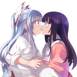 Rule 34 | 2girls, alternate eye color, anarogumaaa, black hair, blue eyes, blunt bangs, blush, bow, constricted pupils, embarrassed, eye contact, face-to-face, finger gun, fujiwara no mokou, hair bow, hime cut, houraisan kaguya, imminent kiss, kiss, large bow, lips, long hair, looking at another, multiple girls, profile, red eyes, silver hair, simple background, sweat, touhou, upper body, wavy mouth, white background, yuri