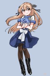 Rule 34 | 1girl, absurdres, black footwear, black pantyhose, blue bow, blue skirt, blush, bow, brown eyes, headgear, highres, johnston (kancolle), kantai collection, kosame (iso), light brown hair, long hair, own hands together, pantyhose, short sleeves, skirt, smile, standing, white bow