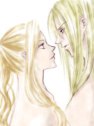 Rule 34 | 1990s (style), 1boy, 1girl, :o, blonde hair, blush, cain highwind, couple, eye contact, final fantasy, final fantasy iv, from side, long hair, looking at another, parted lips, profile, retro artstyle, rosa farrell, simple background, tae (artist), white background
