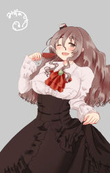 Rule 34 | 1girl, alcohol, alternate costume, artist logo, breasts, brown eyes, brown skirt, clothes lift, cup, drinking glass, frilled shirt, frills, grey background, grey hair, hat, highres, kantai collection, large breasts, long sleeves, looking at viewer, mini hat, mizunototori, one eye closed, pola (kancolle), shirt, simple background, skirt, skirt lift, solo, thick eyebrows, tilted headwear, wavy hair, white shirt, wine, wine glass