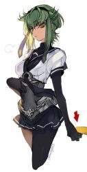Rule 34 | &gt;:(, 1girl, arrow (symbol), artist name, belt, black gloves, black necktie, black pantyhose, black skirt, breasts, c.c., chain, closed mouth, code geass, corset, cosplay, cowboy shot, creayus, elbow gloves, emblem, frown, gloves, green hair, hair flaps, hatsuzuki (kancolle), hatsuzuki (kancolle) (cosplay), kantai collection, looking at viewer, miniskirt, necktie, pantyhose, pleated skirt, puffy short sleeves, puffy sleeves, sailor collar, school uniform, serafuku, shirt, short hair, short sleeves, sidelocks, signature, simple background, skirt, small breasts, solo, tsurime, v-shaped eyebrows, white background, white shirt, yellow eyes