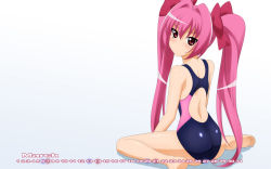 Rule 34 | 1girl, ass, barefoot, blush, bow, calendar, competition swimsuit, di gi charat, feet, female focus, from behind, gradient background, hair bow, highres, long hair, looking back, march, one-piece swimsuit, pink hair, red eyes, sitting, solo, squatting, sugimura tomokazu, swimsuit, twintails, usada hikaru, very long hair, wallpaper, wariza