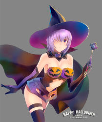 Rule 34 | 1girl, alternate costume, armor, bare shoulders, blush, breasts, cape, cleavage, cloak, detached collar, elbow gloves, fate/grand order, fate (series), frown, gloves, grey background, hair over one eye, halloween, hat, high collar, jack-o&#039;-lantern, leaning forward, lips, looking at viewer, mash kyrielight, midriff, navel, pink hair, purple eyes, shirotsumekusa, short hair, simple background, skindentation, solo, thighhighs, wand, witch hat