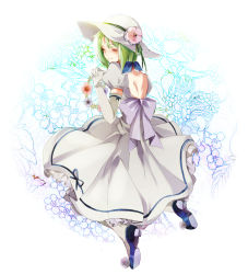 Rule 34 | 1girl, backless dress, backless outfit, bow, dress, elbow gloves, flower, gloves, green hair, hat, hat flower, hat ribbon, highres, hoe satsuki, kneeling, macross, macross frontier, macross frontier: sayonara no tsubasa, own hands together, puffy short sleeves, puffy sleeves, ranka lee, ribbon, short hair, short sleeves, solo, sun hat, white dress, white gloves, white hat