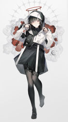Rule 34 | 1girl, aono 99, black dress, black footwear, black hair, black jacket, black pantyhose, collared dress, commentary request, cross, dress, floral background, flower, full body, grey background, halo, hands up, highres, hood, hood up, hooded jacket, jacket, latin cross, long sleeves, looking at viewer, o-ring, original, pantyhose, parted lips, red eyes, red flower, red rose, rose, shoes, simple background, sleeves past wrists, solo, standing, standing on one leg, white jacket