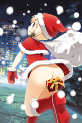 Rule 34 | 1girl, ass, blonde hair, blue eyes, blush, boots, bottomless, breath, capelet, censored, christmas, convenient censoring, erica hartmann, gift, hat, looking at viewer, looking back, mittens, no panties, red mittens, sack, santa costume, santa hat, short hair, smile, snow, solo, strike witches, umekichi, world witches series