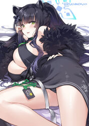 Rule 34 | 1girl, animal ears, bare shoulders, black dress, black gloves, black hair, blue archive, blush, breasts, cleavage, dress, elbow gloves, gloves, green eyes, halo, highres, large breasts, long hair, looking at viewer, lying, ponytail, shun (blue archive), sideboob, sidelocks, smile, solo, super zombie, thighs, tiger ears, white background