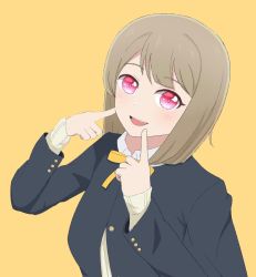 Rule 34 | 1girl, artist name, artist request, black jacket, blush, bow, bowtie, breasts, brown hair, buttons, cardigan, collared shirt, female focus, finger to cheek, fingers to cheeks, fingersmile, grey hair, highres, jacket, light brown hair, long sleeves, looking at viewer, love live!, love live! nijigasaki high school idol club, nakasu kasumi, neck ribbon, nijigasaki school uniform, parted lips, pink eyes, purple eyes, ribbon, school uniform, shirt, short hair, smile, solo, sweater, sweater vest, upper body, vest, white shirt, yellow background, yellow bow, yellow cardigan, yellow ribbon, yellow sweater