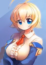 Rule 34 | 1girl, ahoge, blazblue, blonde hair, blue background, blue eyes, blue sleeves, blush, braid, breasts, center frills, closed mouth, collared shirt, commentary request, emurin, es (xblaze), expressionless, frills, hair between eyes, highres, large breasts, long hair, long sleeves, looking at viewer, necktie, red necktie, shirt, short necktie, single braid, solo, underbust, upper body, white shirt, xblaze, xblaze code: embryo