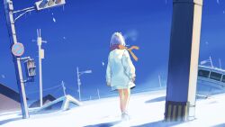 Rule 34 | 1girl, blue sky, brown scarf, coat, day, from behind, highres, long sleeves, no pants, original, outdoors, power lines, road sign, scarf, sign, sky, snow, solo, standing, steam, taizo (taizo 03), traffic light, utility pole, white coat, white footwear, white hair, winter
