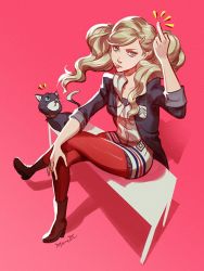 Rule 34 | 1girl, black jacket, blonde hair, blue eyes, boots, cat, high heels, jacket, jpeg artifacts, long hair, looking at viewer, middle finger, morgana (persona 5), persona, persona 5, red legwear, sitting, takamaki anne, tongue, tongue out, twintails