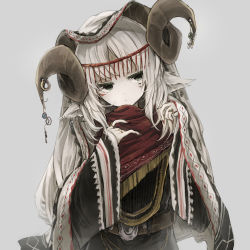 Rule 34 | 1girl, absurdres, animal ears, belt, circlet, facepaint, facial mark, green eyes, highres, hisona (suaritesumi), horn ornament, horn ring, horns, jewelry, long hair, looking to the side, nail polish, pale skin, ring, simple background, solo, white hair, wide sleeves