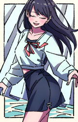 1girl black_hair black_skirt blush border closed_eyes collarbone commentary_request long_hair open_mouth original outside_border red_ribbon ribbon shirt skirt smile solo standing uzumi1201 white_border white_shirt