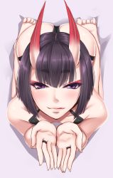 Rule 34 | 1girl, :q, akitsuki karasu, ass, barefoot, blunt bangs, blush, closed mouth, collarbone, cupping hands, eyeshadow, fate/grand order, fate (series), fingernails, from above, full body, half-closed eyes, horns, jewelry, kneeling, leaning forward, licking lips, lips, long fingernails, looking at viewer, looking up, makeup, oni, own hands together, palms, purple eyes, purple hair, ring, short hair, shuten douji (fate), skin-covered horns, solo, thick eyebrows, tongue, tongue out, tsurime