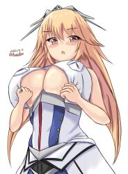 Rule 34 | blonde hair, breasts, brooklyn (kancolle), cleavage cutout, clothing cutout, dated, highres, huge breasts, kantai collection, long hair, montemasa, red eyes, simple background, star ornament, twitter username