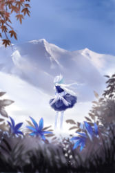 Rule 34 | 1girl, blue flower, blue hair, blue sky, blurry, branch, day, depth of field, dress, flower, forest, from behind, grass, hat, hi-yo, highres, leaf, letty whiterock, long sleeves, mountain, nature, outdoors, outstretched arm, outstretched hand, purple dress, scarf, scenery, short hair, sky, solo, standing, touhou, white hat, white legwear, white scarf
