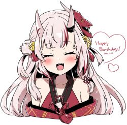 Rule 34 | 1girl, :d, bare shoulders, bell, blush, closed eyes, commentary request, cropped torso, dated, double bun, fang, hair bell, hair bun, hair ornament, happy birthday, heart, highres, hololive, horns, long hair, mask, mask on head, multicolored hair, nakiri ayame, nakiri ayame (1st costume), oni mask, open mouth, red hair, simple background, skin-covered horns, smile, solo, streaked hair, tsumumi (kandume103), upper body, virtual youtuber, white background, white hair