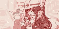 Rule 34 | 3girls, armband, blue archive, blush, chopsticks, eating, halo, helmet, holding, holding chopsticks, jacket, long hair, long sleeves, looking at viewer, lowres, maibotsumou, minori (blue archive), monochrome, multiple girls, oyster pail, red theme, sidelocks, sitting, snowing, solo focus, sweater, takeout container, very long hair