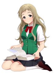 Rule 34 | 1girl, aizawa yuu (love live!), black skirt, blush, book, book on lap, bow, bowtie, breasts, collared shirt, full body, green eyes, hair over breasts, hair over one breast, highres, holding, holding book, light brown hair, light smile, loafers, long hair, looking at viewer, love live!, love live! school idol festival, medium breasts, nanatsu no umi, pleated skirt, red bow, red bowtie, school uniform, shirt, shoes, short sleeves, sitting, skirt, socks, solo, turning page, waistcoat, wariza, wavy hair, white background, white shirt, white socks