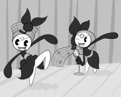 Rule 34 | 1920s (style), :d, ;d, commentary, creature, creatures (company), dancing, english commentary, full body, game freak, gen 5 pokemon, greyscale, happy, holding, holding microphone, legendary pokemon, looking at viewer, meloetta, meloetta (aria), meloetta (pirouette), microphone, monochrome, mythical pokemon, nintendo, one eye closed, open mouth, pac-man eyes, pokemon, pokemon (creature), smile, standing, standing on one leg, the boogie