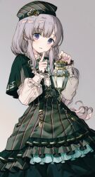 Rule 34 | 1girl, :d, absurdres, bow, bowtie, capelet, dress, finger to mouth, frilled dress, frills, gears, green bow, green bowtie, green capelet, green dress, green hat, grey background, grey hair, hat, highres, holding, holding lantern, idolmaster, idolmaster shiny colors, lantern, long sleeves, looking at viewer, migolu, open mouth, purple eyes, simple background, smile, solo, yukoku kiriko