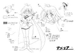 Rule 34 | 1990s (style), 1girl, absurdres, amelia wil tesla seyruun, belt, boots, breasts, cape, character sheet, full body, highres, jewelry, looking at viewer, monochrome, multiple views, non-web source, official art, open mouth, pentagram, retro artstyle, salute, short hair, simple background, slayers, solo, translation request, white background