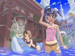 Rule 34 | 2boys, 2girls, 310, :d, architecture, bad id, bad pixiv id, bag, belt, black hair, brown hair, child, cloud, coca-cola, colored skin, competition swimsuit, day, diving mask, diving mask on head, drum, east asian architecture, fishing, fishing rod, flood, fuujin (mythology), goggles, goggles on head, green eyes, green skin, grin, hair bobbles, hair ornament, hairclip, happy, horns, inflatable dolphin, inflatable toy, instrument, kooribata, midriff, monster, multiple boys, multiple girls, one-piece swimsuit, one-piece tan, open mouth, original, outdoors, purple eyes, purple hair, raijin (mythology), short hair, short twintails, shorts, shrine, sky, smile, snorkel, swimsuit, tan, tank top, tanline, temple, tokyo (city), twintails, vanishing point, wading, water, wet, wet clothes