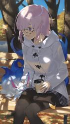 Rule 34 | 1girl, autumn leaves, bench, black-framed eyewear, coat, coffee cup, cup, day, disposable cup, duffel coat, fate/grand order, fate (series), fou (fate), ginkgo tree, glasses, hair over one eye, hayashi kewi, knees together feet apart, light purple hair, looking at another, mash kyrielight, mash kyrielight (fgo x lawson), official alternate costume, open mouth, outdoors, pantyhose, park bench, purple eyes, purple hair, short hair, sidelocks, sitting, smile, solo, tree