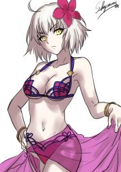 Rule 34 | 1girl, ahoge, bikini, bracelet, breasts, commentary request, cosplay, cowboy shot, fate/grand order, fate (series), flower, frown, hair flower, hair ornament, halterneck, hibiscus, holding, holding clothes, holding skirt, jeanne d&#039;arc (fate), jeanne d&#039;arc alter (avenger) (fate), jeanne d&#039;arc alter (fate), jewelry, looking at viewer, medium breasts, nail polish, navel, purple bikini, sakiyamama, sarong, scathach (fate), scathach (fate/grand order), scathach (swimsuit assassin) (fate), scathach (swimsuit assassin) (fate) (cosplay), signature, silver hair, simple background, skirt, solo, swimsuit, white background