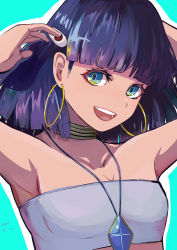 Rule 34 | 1girl, :d, armpits, bandeau, bare shoulders, blue background, blue eyes, blunt bangs, bob cut, breasts, collarbone, dark-skinned female, dark skin, dated, earrings, flat chest, fushigi no umi no nadia, gem, haiper, hair ornament, hairclip, highres, hoop earrings, jewelry, looking at viewer, nadia la arwall, neck ring, necklace, open mouth, purple hair, short hair, smile, solo, strapless, teeth, tube top, upper teeth only, white bandeau