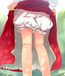 Rule 34 | 1girl, bare legs, bloomers, close-up, clothes lift, from behind, kazami yuuka, kneepits, lifting own clothes, long sleeves, lower body, outdoors, plaid, plaid skirt, red skirt, ripu (lipi), skirt, skirt lift, solo, touhou, underwear