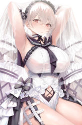Rule 34 | 1girl, absurdres, armpits, arms up, azur lane, bare shoulders, blush, breasts, cleavage, clothing cutout, commentary, commentary request, crossed bangs, dress, flower, formidable (azur lane), formidable (timeless classics) (azur lane), frilled dress, frills, grey hair, hair between eyes, hair ornament, hair ribbon, highres, huge breasts, long hair, looking at viewer, mochirong, navel, navel cutout, red eyes, ribbon, school uniform, serafuku, simple background, sleeveless, solo, symbol-only commentary, thighs, twintails, two-tone ribbon, veil, very long hair, white background