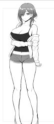 Rule 34 | 1girl, breasts, camisole, cleavage, closed mouth, greyscale, hair bun, high heels, jacket, large breasts, looking at viewer, midriff, monochrome, navel, off shoulder, original, pigeon-toed, short shorts, shorts, sidelocks, single hair bun, solo, spaghetti strap, standing, zhen lu