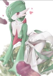 Rule 34 | 1girl, agaver123, all fours, blush, breasts, censored, collarbone, colored skin, creatures (company), cum, cum on clothes, cum on hair, disembodied penis, downblouse, erection, full body, game freak, gardevoir, gen 3 pokemon, grass, green hair, green shirt, hair over one eye, heart, highres, legs together, looking to the side, mosaic censoring, multiple penises, nintendo, no mouth, on ground, one eye covered, outdoors, penis, pokemon, pokemon (creature), pokephilia, red eyes, shirt, short hair, simple background, skirt, small breasts, solo focus, white background, white skin, white skirt