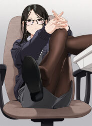 Rule 34 | 1girl, black-framed eyewear, black footwear, black hair, blue sweater, blush, brown pantyhose, chair, closed mouth, from below, grey skirt, hands on own knee, interlocked fingers, knees up, long hair, looking at viewer, looking down, mattaku mousuke, office chair, office lady, original, pantyhose, parted hair, seductive smile, shadow, shirt, shoe dangle, sidelocks, simple background, sitting, skirt, sleeves past wrists, smile, solo, sweater, swivel chair, twitter username, white shirt