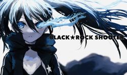 Rule 34 | 1girl, absurdres, bikini, black bikini, black coat, black hair, black rock shooter, black rock shooter (character), blue eyes, character name, closed mouth, coat, copyright name, flaming eye, floating hair, frown, hair between eyes, highres, long hair, looking at viewer, multicolored hair, open clothes, open coat, saikisaika, silver hair, solo, star (symbol), star print, swimsuit, two-tone hair, upper body, very long hair
