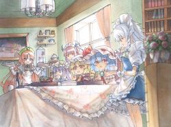 Rule 34 | 6+girls, adapted costume, akeome, alternate costume, apron, ascot, black bow, black bowtie, blonde hair, blue dress, blue eyes, blue hair, bookshelf, bow, bowtie, braid, brooch, closed eyes, crescent, crescent hat ornament, cup, curtains, dress, drill hair, drinking, enmaided, flandre scarlet, flower, food, green bow, green dress, green headwear, grey hair, hair bow, happy new year, hat, hat ornament, head wings, hisako (6anmbblfnjueeff), holding, holding cup, hong meiling, indoors, izayoi sakuya, jewelry, juliet sleeves, kagami mochi, koakuma, long hair, long sleeves, maid, maid headdress, mob cap, multiple girls, new year, one side up, open mouth, painting (object), patchouli knowledge, pink headwear, plant, potted plant, pouring, puffy short sleeves, puffy sleeves, purple hair, red ascot, red eyes, red hair, remilia scarlet, rose, shelf, shirt, short hair, short sleeves, sitting, smile, star (symbol), star hat ornament, table, tablecloth, teacup, teapot, touhou, twin braids, white headwear, white shirt, window, wings, wrist cuffs, yellow ascot