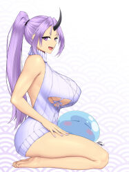 Rule 34 | 1girl, 1other, backless dress, backless outfit, bare shoulders, barefoot, black horns, blush stickers, breasts, clothing cutout, covered erect nipples, dress, feet, from side, hand on own thigh, highres, horns, huge breasts, lap pillow, looking at viewer, microdress, naked sweater, oni, open mouth, parted bangs, purple eyes, purple hair, rimuru tempest (slime), ryu seung, seiza, shion (tensei shitara slime datta ken), simple background, single horn, sitting, sweater, sweater dress, tensei shitara slime datta ken, thighs, turtleneck, turtleneck sweater, underboob, underboob cutout, white background, white sweater