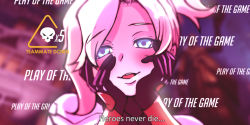 Rule 34 | 1girl, black gloves, blonde hair, blue eyes, blush, bodysuit, close-up, eyebrows, eyelashes, gameplay mechanics, gloves, hands on own cheeks, hands on own face, high collar, kyoute, long sleeves, looking at viewer, mercy (overwatch), mirai nikki, open mouth, overwatch, overwatch 1, parody, play of the game, ponytail, solo, teeth, turtleneck, yandere, yandere trance