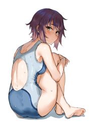 Rule 34 | 1girl, back cutout, barefoot, blue one-piece swimsuit, blush, breasts, brown eyes, closed mouth, clothing cutout, commentary, feet, from behind, grey one-piece swimsuit, h-appa, highres, knees up, looking at viewer, looking back, medium breasts, nagato yuki, one-piece swimsuit, purple hair, short hair, sitting, smile, solo, suzumiya haruhi no yuuutsu, swimsuit, two-tone one-piece swimsuit, wet, wet clothes, wet hair, wet swimsuit