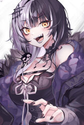 Rule 34 | 1girl, absurdres, black choker, black dress, black hair, black jacket, black nails, blunt bangs, breasts, choker, cleavage, commentary, dress, earrings, english commentary, fangs, fur-trimmed jacket, fur trim, grey hair, hair ornament, highres, hololive, hololive english, jacket, jewelry, lace, lace choker, large breasts, long hair, looking at viewer, multicolored hair, multiple rings, nail polish, open clothes, open jacket, open mouth, parka, ring, shiori novella, shiori novella (1st costume), simple background, solo, split-color hair, two-tone hair, upper body, virtual youtuber, white background, xivi9, yellow eyes