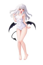 Rule 34 | 1girl, absurdres, allenes, bare arms, bare legs, bare shoulders, barefoot, blunt bangs, blush, breasts, closed mouth, collarbone, competition school swimsuit, condom, condom wrapper, covered navel, demon girl, demon tail, demon wings, full body, grey hair, hand up, highres, long hair, looking at viewer, medium breasts, mouth hold, one-piece swimsuit, original, pointy ears, red eyes, school swimsuit, smile, solo, standing, swimsuit, tail, transparent background, two side up, white one-piece swimsuit, wings