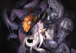 Rule 34 | 1girl, abigail williams (fate), abigail williams (third ascension) (fate), bikini, black background, black bikini, black gloves, boots, bow, fate/grand order, fate (series), furisuku, gloves, glowing, glowing eyes, hat, hat bow, holding, holding weapon, light smile, long hair, looking at viewer, looking up, orange bow, pale skin, polka dot, polka dot bow, red eyes, solo, suction cups, swimsuit, tentacles, weapon, white hair, witch hat
