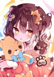 Rule 34 | 1girl, animal ears, bear ears, bear girl, blue bow, blush, bow, brown choker, character name, choker, commentary, commission, double-parted bangs, english text, fang, flower, hair between eyes, hair bow, hair flower, hair ornament, highres, holding, holding stuffed toy, indie virtual youtuber, konomi meru, long hair, long sleeves, looking at viewer, orange bow, parted lips, sidelocks, skeb commission, skin fang, solo, stuffed animal, stuffed toy, suisei 1121, teddy bear, virtual youtuber, white background, yellow eyes
