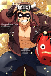Rule 34 | 1boy, 2021, abs, animal ears, bara, blush, brown legwear, bulge, check copyright, chinese zodiac, copyright request, cow boy, cow ears, cow horns, denim, green hair, happy new year, highres, holding, holding toy, horned headwear, horns, jacket, jeans, long sideburns, looking at viewer, pectoral cleavage, male focus, mask, muscular, muscular male, navel, new year, nipples, open clothes, open jacket, original, pants, pectorals, ryanpei, shoes, short hair, sideburns, smile, solo, squatting, stomach, thick thighs, thighs, toy, year of the ox