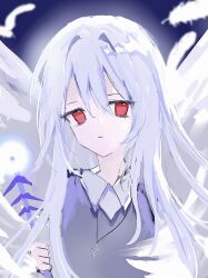 Rule 34 | 1girl, chinese commentary, closed mouth, collared shirt, commentary request, cross, cross necklace, expressionless, feathers, flat chest, grey vest, hair between eyes, hair intakes, highres, jewelry, long hair, necklace, red eyes, rinne (rinico), sariel (touhou), shirt, solo, touhou, touhou (pc-98), vest, white feathers, white hair, white shirt, white wings, wings