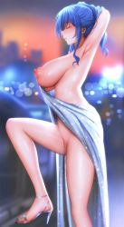 Rule 34 | 1girl, arms behind head, arms up, azur lane, blue hair, breasts, cleft of venus, closed eyes, ginhaha, high heels, highres, large breasts, nail polish, nipples, no panties, pussy, revealing clothes, sideboob, solo, st. louis (azur lane), st. louis (luxurious wheels) (azur lane)
