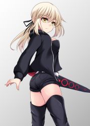 Rule 34 | 1girl, artoria pendragon (alter swimsuit rider) (fate), artoria pendragon (fate), ass, belt, black jacket, blonde hair, breasts, cross (crossryou), excalibur morgan (fate), fate/grand order, fate (series), from behind, grey background, hair ribbon, highres, hood, hoodie, jacket, long hair, looking back, medium breasts, official alternate costume, open clothes, open hoodie, open jacket, ribbon, saber alter (ver. shinjuku 1999) (fate), short shorts, shorts, solo, standing, sword, thighhighs, weapon, yellow eyes