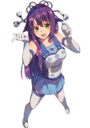 Rule 34 | 1girl, absurdres, asymmetrical bangs, bare shoulders, blue shirt, blue skirt, boots, breasts, chiharu (9654784), collarbone, commentary request, elbow gloves, from above, full body, gloves, green eyes, hair ornament, hair over shoulder, highres, index finger raised, long hair, looking at viewer, open mouth, original, pleated skirt, purple hair, shirt, skirt, sleeveless, sleeveless shirt, smile, solo, teeth, thigh boots, thighhighs, two-tone shirt, upper teeth only, very long hair, white background, white gloves, white thighhighs, zettai ryouiki